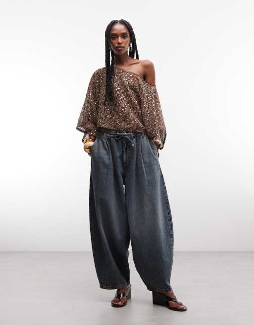 ASOS DESIGN - Top a mantella extra largo asimmetrico all'uncinetto marrone trasparente con paillettes, 2 di 7
