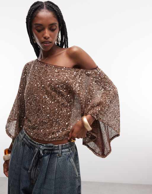 ASOS DESIGN - Top a mantella extra largo asimmetrico all'uncinetto marrone trasparente con paillettes, 3 di 7