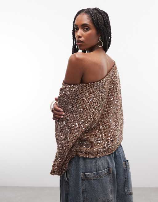 ASOS DESIGN - Top a mantella extra largo asimmetrico all'uncinetto marrone trasparente con paillettes, 4 di 7