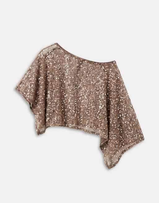 ASOS DESIGN - Top a mantella extra largo asimmetrico all'uncinetto marrone trasparente con paillettes, 5 di 7