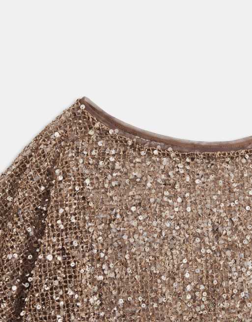 ASOS DESIGN - Top a mantella extra largo asimmetrico all'uncinetto marrone trasparente con paillettes, 6 di 7