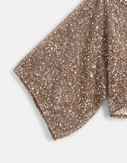 ASOS DESIGN - Top a mantella extra largo asimmetrico all'uncinetto marrone trasparente con paillettes, 7 di 7