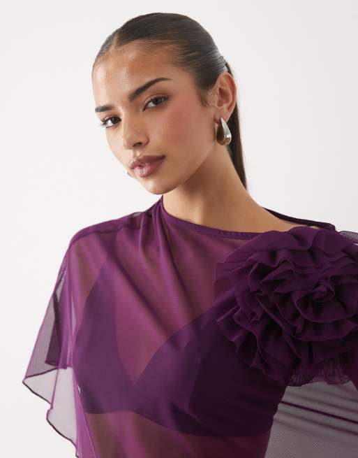 ASOS DESIGN top a mantella in rete drappeggiata con corsage viola, 3 di 4