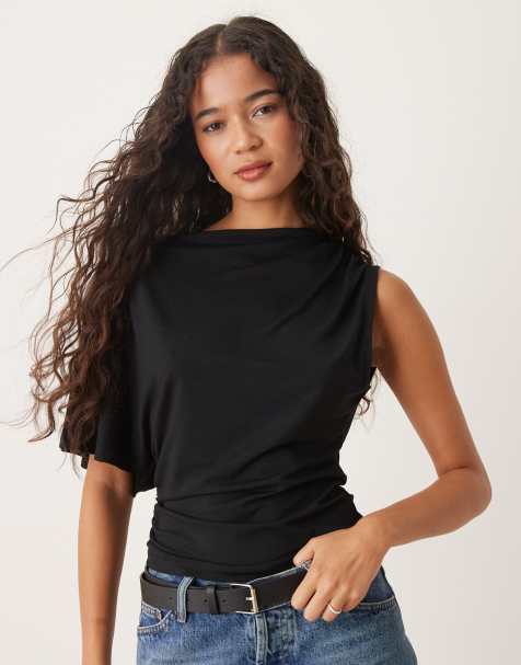 ASOS DESIGN - Top a mantella monospalla in cupro color antracite - view 1