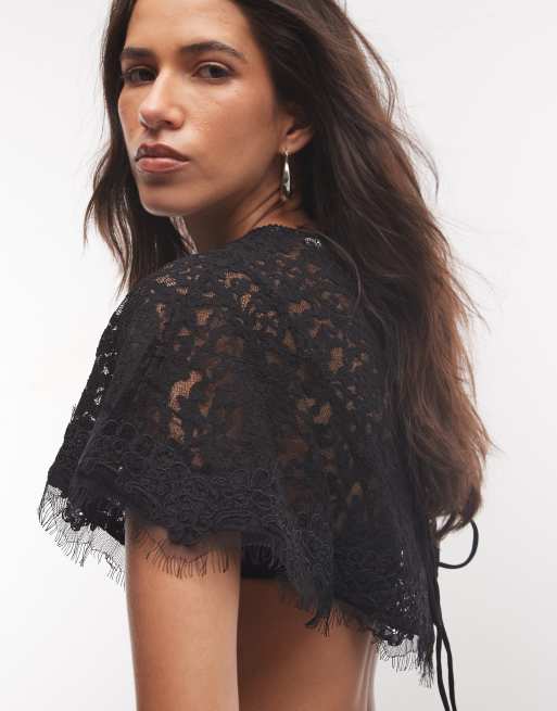 ASOS DESIGN - Top a mantella nero con finiture in pizzo, 4 di 4