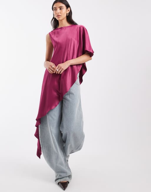 ASOS DESIGN top a mantella oversize asimmetrico in raso color prugna, 1 di 4