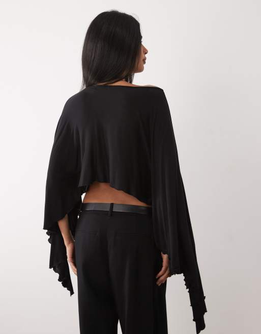 ASOS DESIGN - Top a mantella taglio lungo con maniche svasate nero, 4 di 4