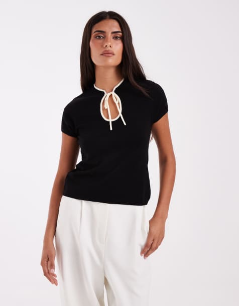 ASOS DESIGN top à nouer sur le devant avec col noir et liseré blanc - view 1