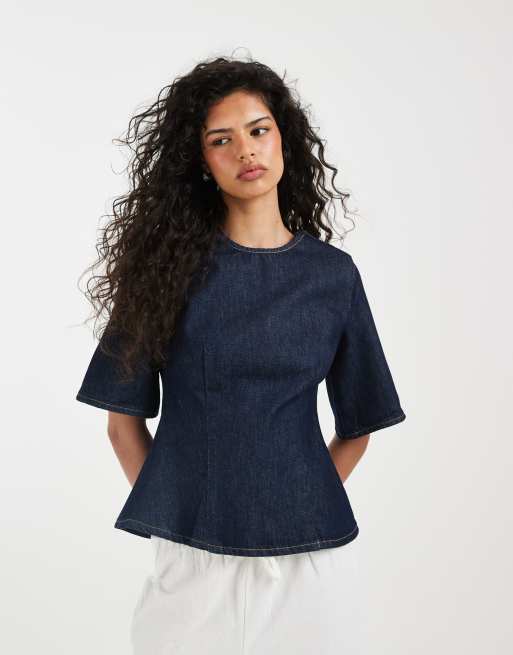 ASOS DESIGN - Top a peplo in denim color indaco a maniche corte, 3 di 4