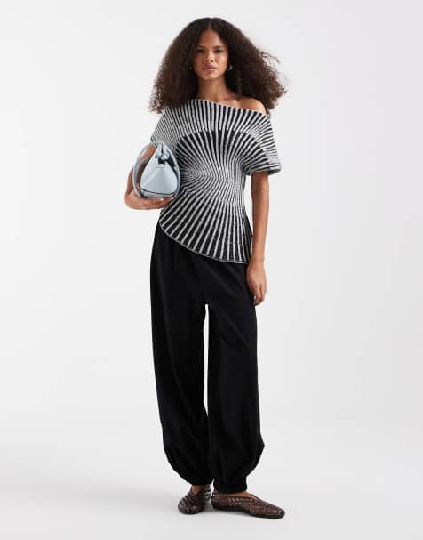 ASOS DESIGN - Top a pieghe in maglia a righe bianche e nere - view 1