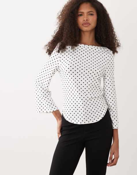 ASOS DESIGN - Top à pois avec manches longues et encolure bateau - Noir et blanc - view 1