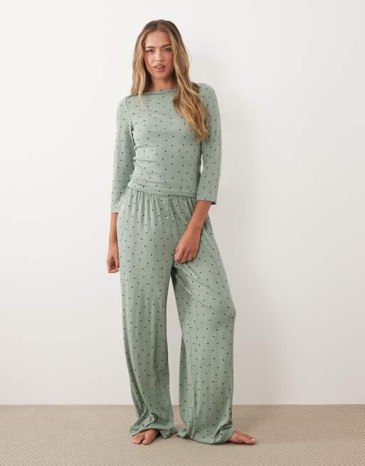 ASOS DESIGN - Top à pois en maille pointelle avec encolure bateau et manches 3/4 à assortir - Vert, 2 de 4