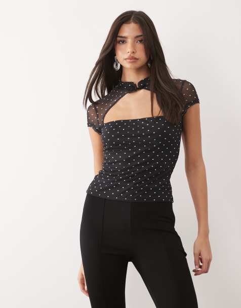 ASOS DESIGN - Top a pois in rete con cut-out e asole a cordoncino - view 1