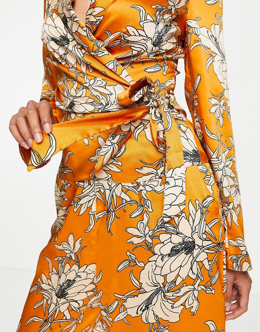 Top a portafoglio in raso arancione a fiori con colletto in coordinato-Multicolore - ASOS DESIGN Camicia donna  - immagine2