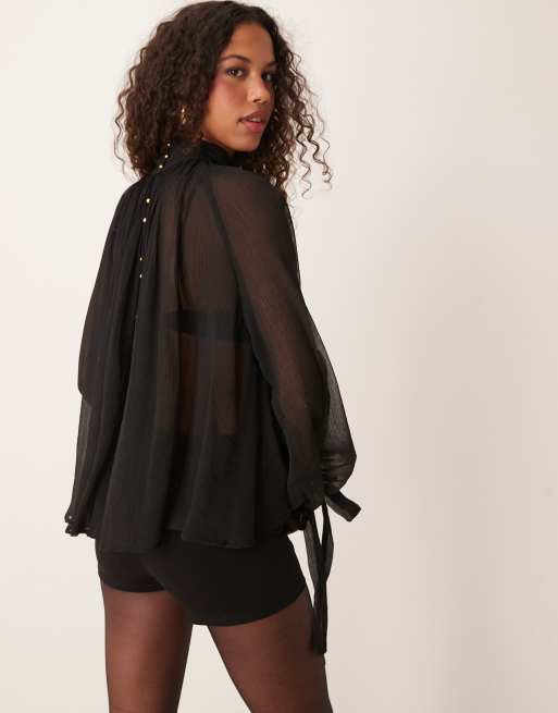 ASOS DESIGN - Top a punto smock accollato a maniche lunghe nero con bottoni oro, 4 di 4