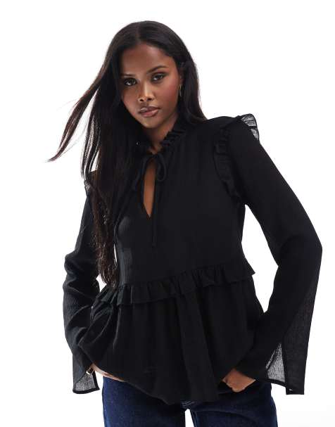 ASOS DESIGN - Top a punto smock nero con allacciatura al collo e volant - view 1