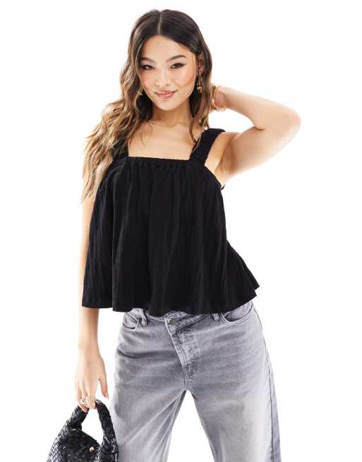 ASOS DESIGN - Top a punto smock nero con fascette allacciate sul retro