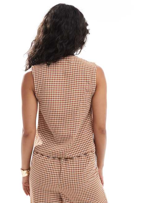ASOS DESIGN - Top a quadretti senza maniche con peplo e allacciatura sul davanti in coordinato, 4 di 4