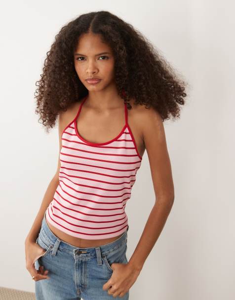 ASOS DESIGN - Top a rayas rosas y rojas con cuello halter y ribetes rojos en contraste de canalé - view 1