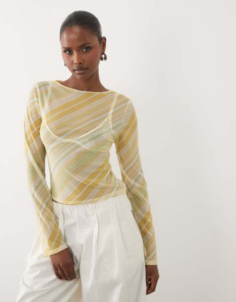 ASOS DESIGN - Top a rayas verdes de manga larga con diseño estampado de malla - view 1