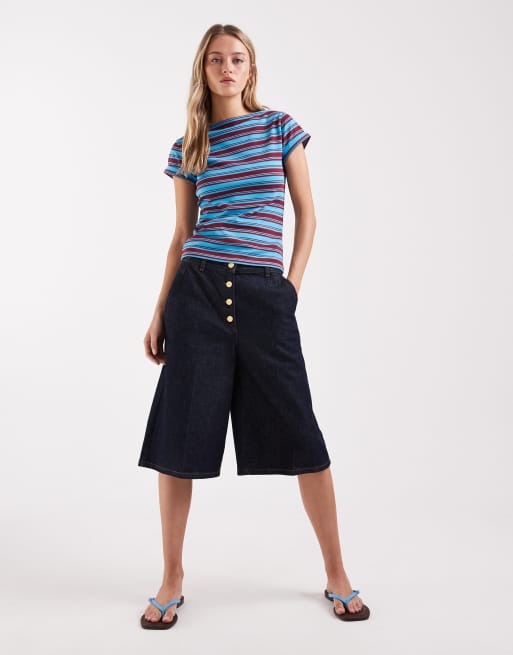 ASOS DESIGN - Top a righe blu e bordeaux con scollo a barchetta, 2 di 4
