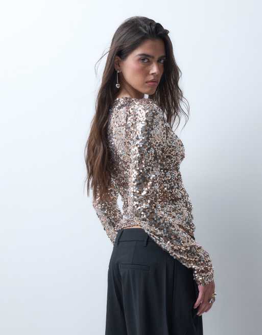 ASOS DESIGN top à sequins à décolleté plongeant, drapé et manches longues, doré, 5 de 5