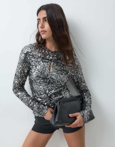 ASOS DESIGN top à sequins à manches longues avec détail torsadé devant en gris - view 1