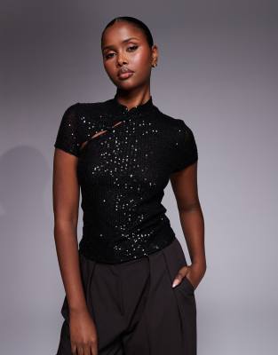 Top à sequins avec boutons à passants-Noir S