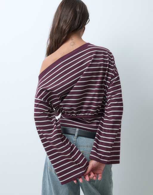 ASOS DESIGN top a spalle scoperte, stretto in vita, a maniche lunghe, a righe bordeaux, 4 di 5