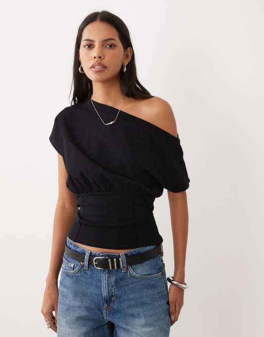 ASOS DESIGN - Top à taille cintrée et épaules tombantes - Noir, 2 de 4