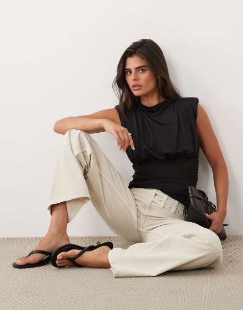 ASOS DESIGN top à taille froncée, col montant et épaulettes, noir - view 1