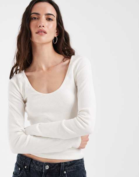 ASOS DESIGN - top acanalado de manga larga con cuello ancho en blanco - view 1