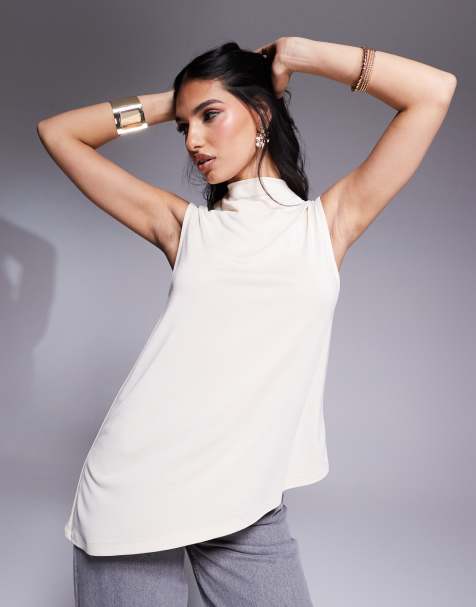 ASOS DESIGN - Top accollato taglio lungo vaporoso in cupro color pietra - view 1
