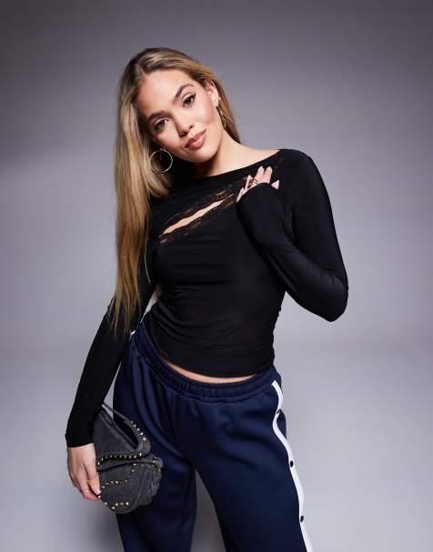 ASOS DESIGN - Top aderente a maniche lunghe nero con cut-out in pizzo - view 1