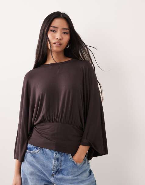 ASOS DESIGN - Top aderente in vita color cioccolato con maniche ad ali di pipistrello - view 1