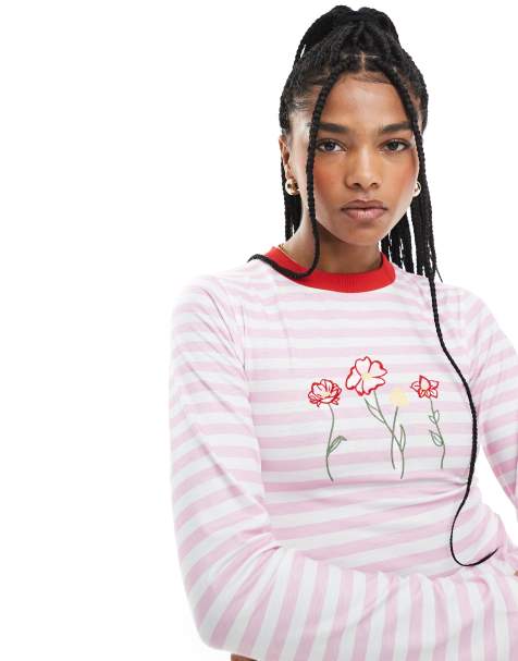 ASOS DESIGN - Top aderente rosa a righe con ricamo floreale e bordi a contrasto - view 1