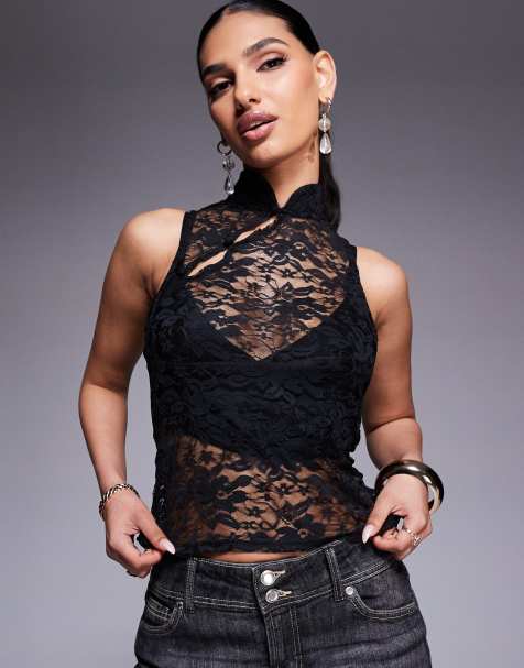 ASOS DESIGN - Top aderente trasparente nero in pizzo con dorso a vogatore con bottoni e asole a cordoncino - view 1
