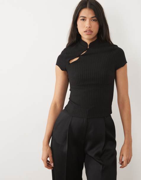 ASOS DESIGN - Top ajusté à manches courtes à assortir avec boutons recouverts et rayures fines - Noir - view 1