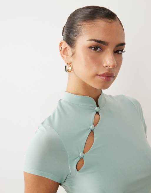 ASOS DESIGN - Top ajusté à manches courtes avec passants et boutons - Bleu, 4 de 4