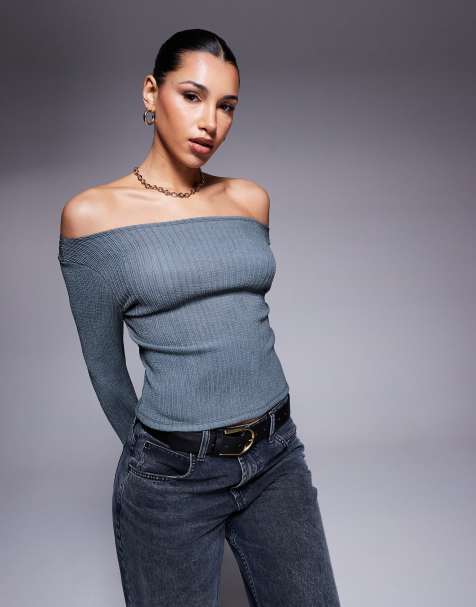 ASOS DESIGN - Top ajusté effet froissé à manches longues et épaules dénudées - Ardoise - view 1