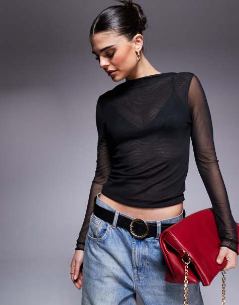 ASOS DESIGN - Top ajusté en tulle double épaisseur à col montant et manches longues - Noir - view 1