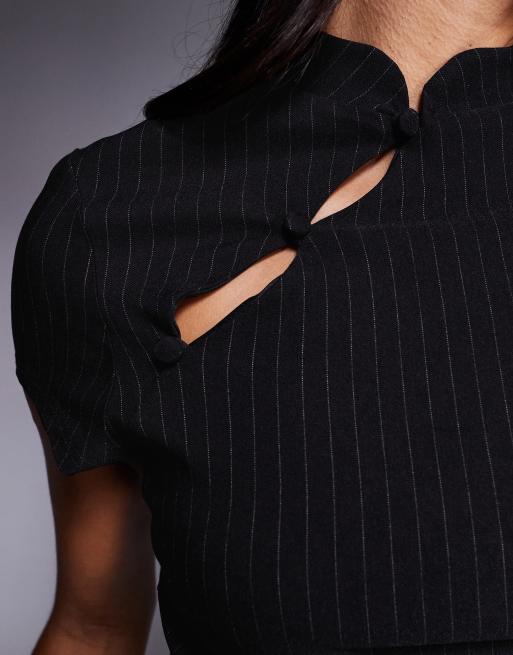 ASOS DESIGN - Top ajusté manches courtes à assortir avec passants et boutons et rayures fines - Noir, 3 de 4