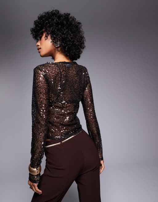 ASOS DESIGN Top ajusté ras de cou à manches longues Bronze à