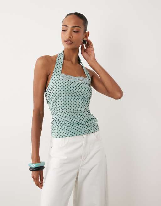 ASOS DESIGN - Top allacciato al collo arricciato in rete blu stampato con dettagli in pizzo