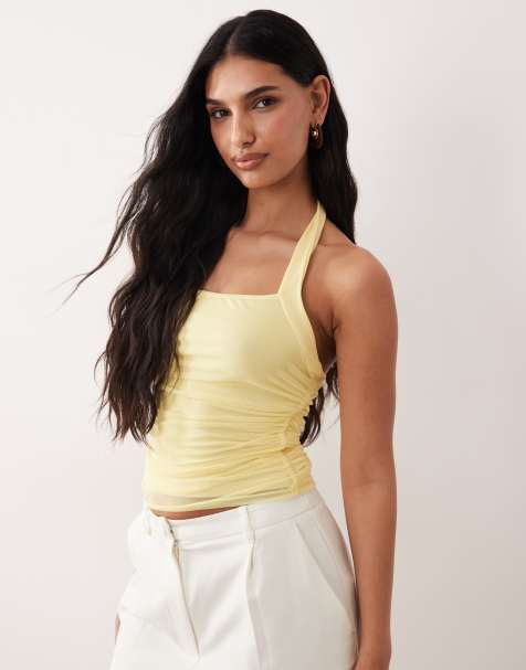 ASOS DESIGN - Top allacciato al collo arricciato in rete giallo - view 1