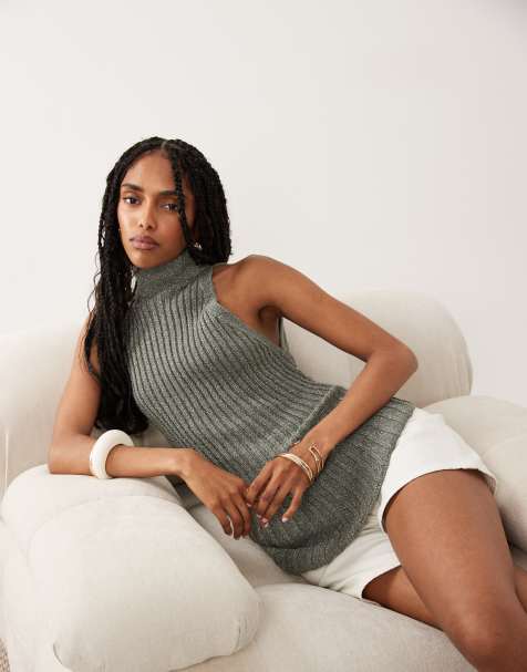 ASOS DESIGN - Top allacciato al collo asimmetrico in maglia metallizzata kaki - view 1