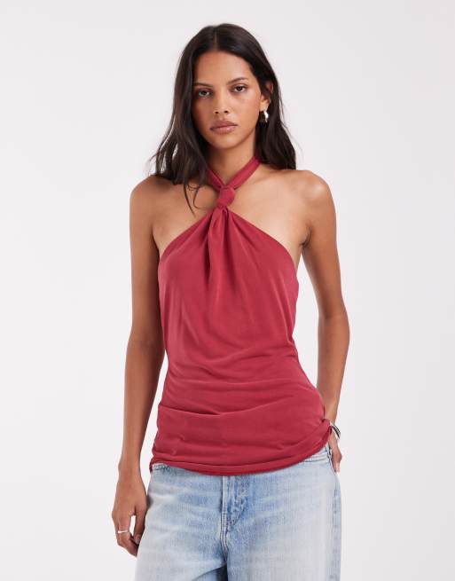 ASOS DESIGN top allacciato al collo con dettaglio nodo in rosso scuro