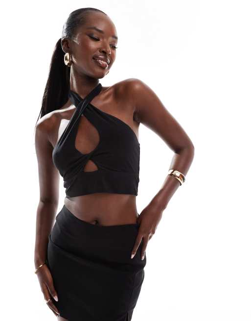 ASOS DESIGN - Top allacciato al collo con incrocio nero con apertura a goccia
