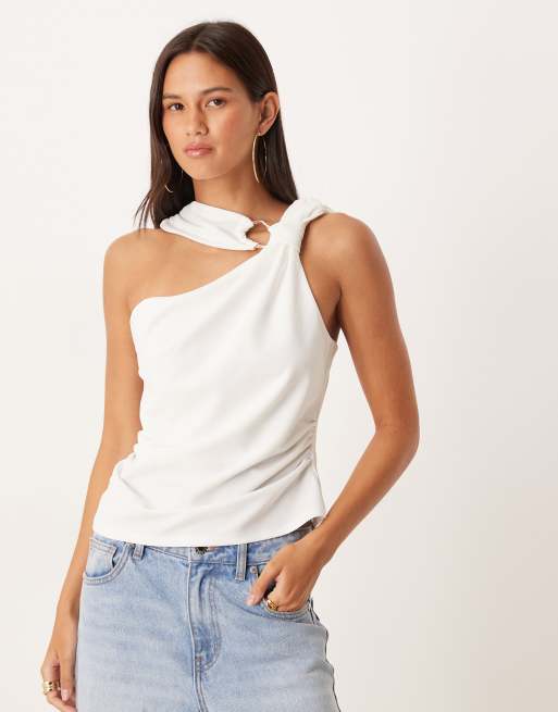 ASOS DESIGN - Top allacciato al collo con nodo color avorio con finiture