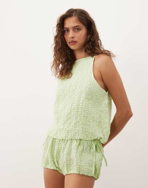 ASOS DESIGN - Top allacciato al collo con orlo a palloncino verde a quadri in coordinato - view 1